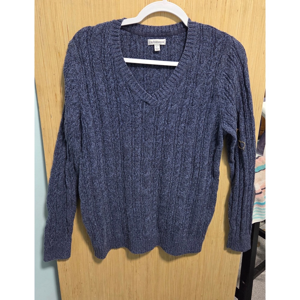 Croft‎ & Barrow Size L Women's Blue Cable Knit V-Neck Cotton Sweater Pullover